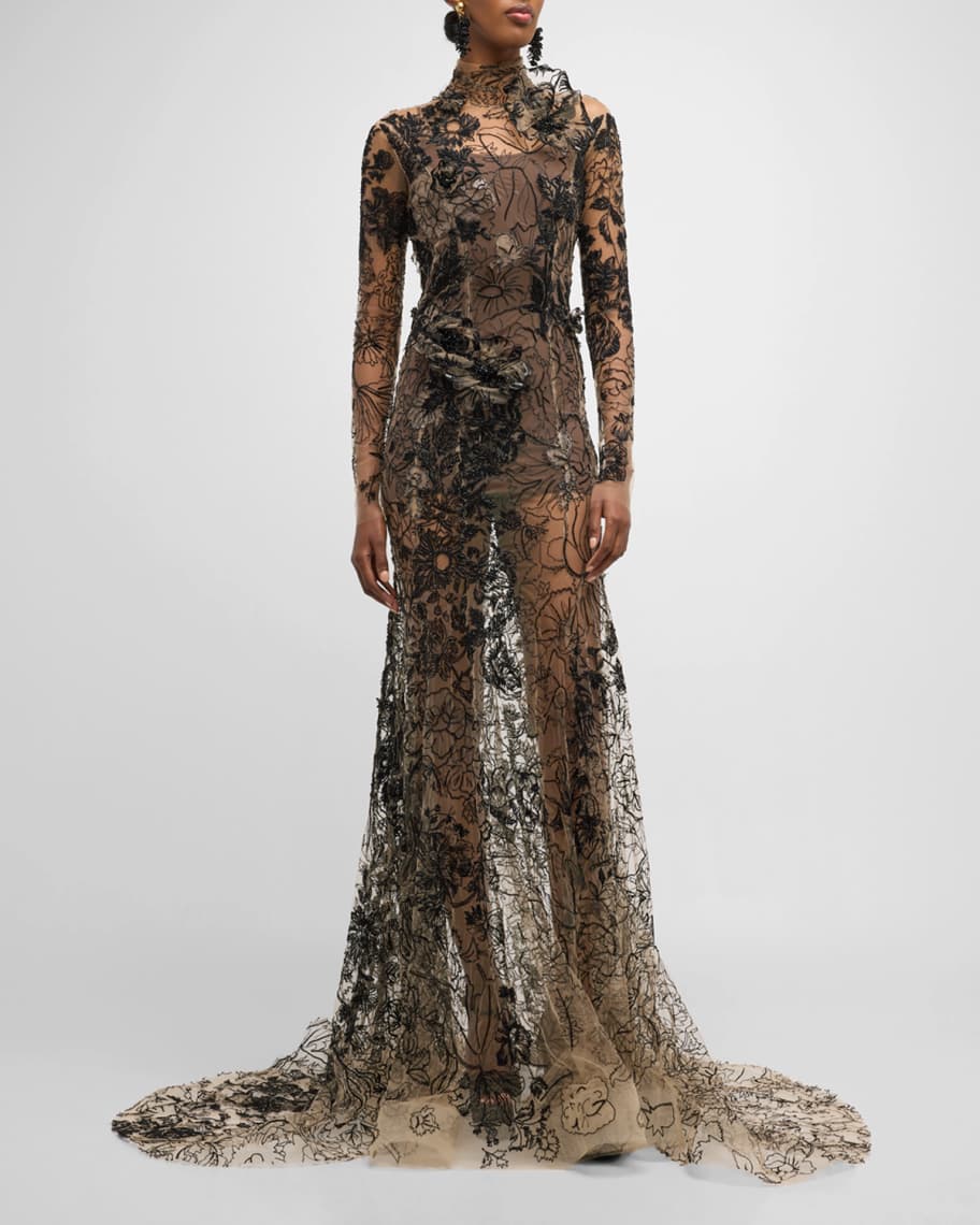 Oscar de la Renta Floral Bead Embroidered Long-Sleeve Sheer Gown