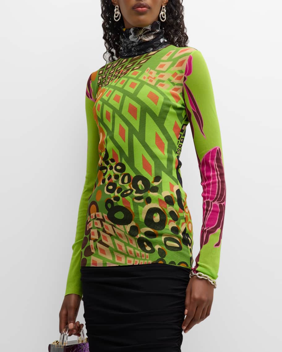 Fuzzi Abstract-Print Turtleneck Tulle Shirt | Neiman Marcus