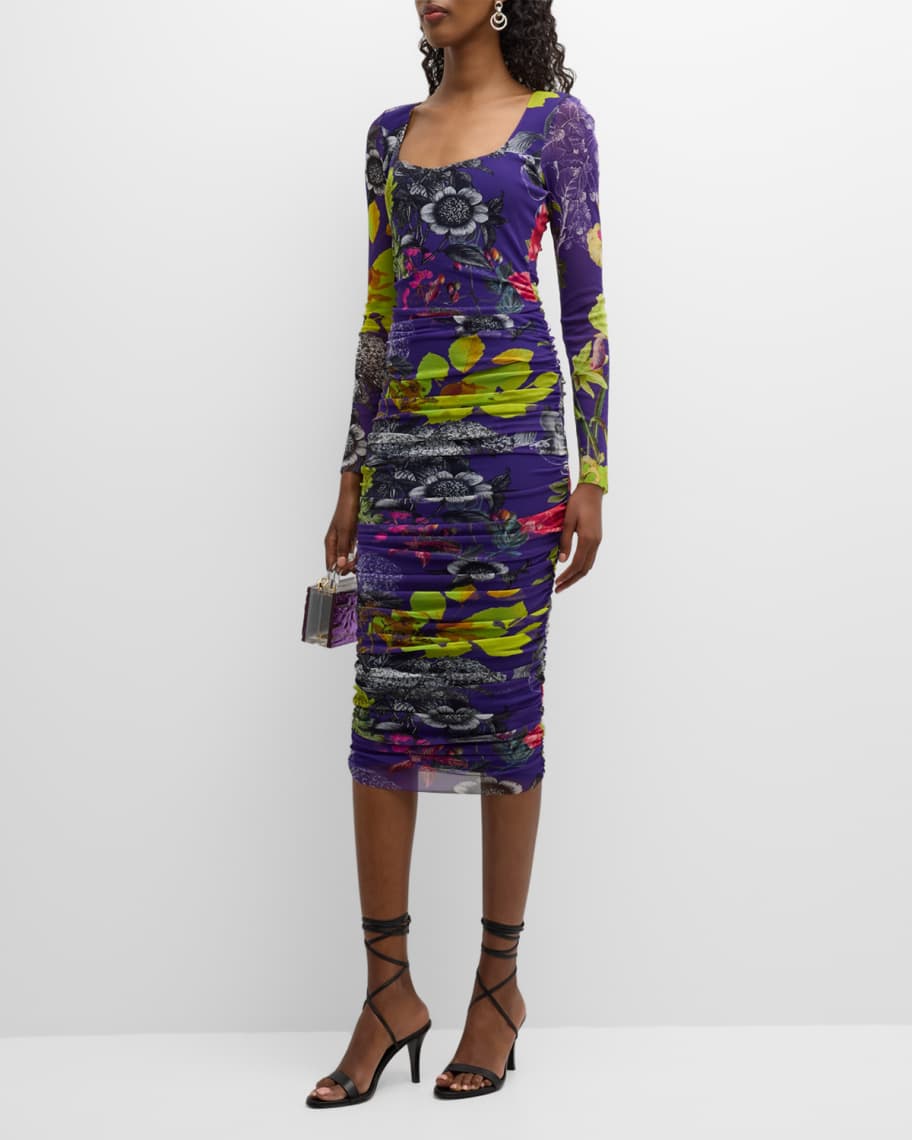 Fuzzi Ruched Floral-Print Tulle Midi Dress | Neiman Marcus