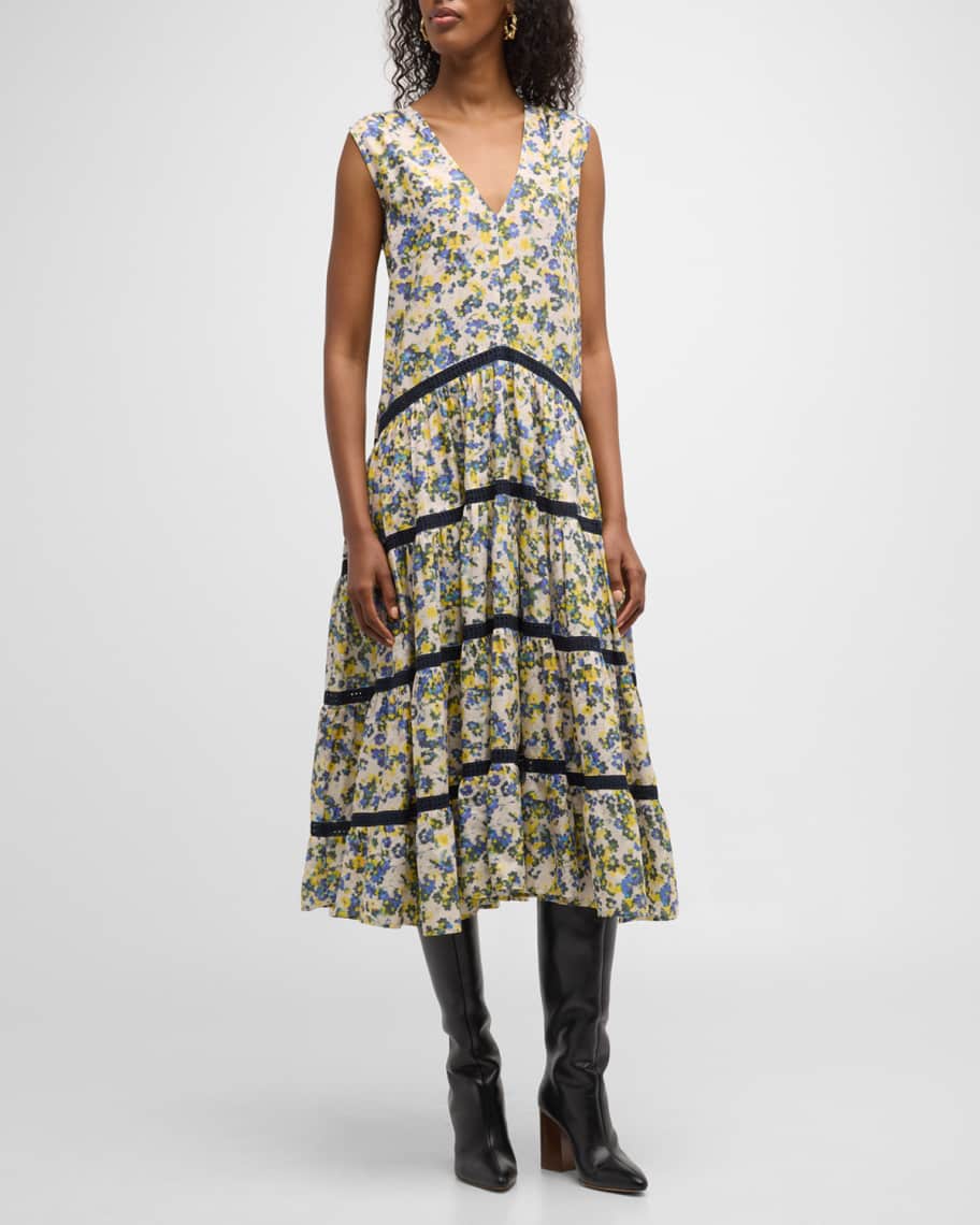 Merlette Wallis Tiered Floral-Print Midi Dress | Neiman Marcus