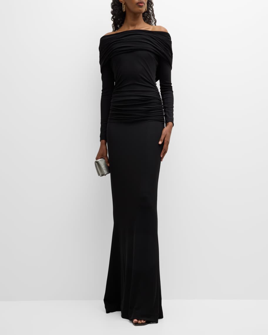 Chiara Boni La Petite Robe Hooded Off-Shoulder Column Gown | Neiman Marcus