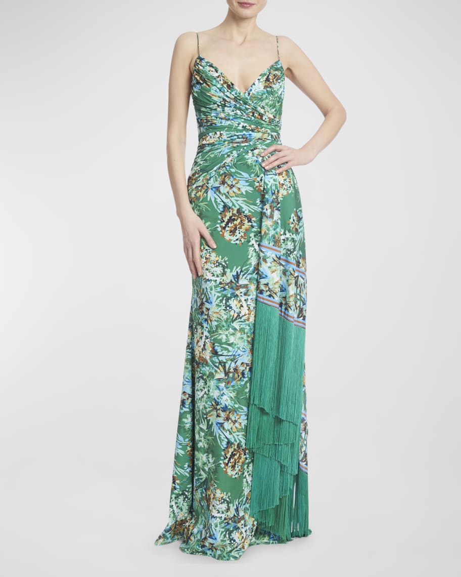 Badgley Mischka Collection Draped Floral-Print Fringe-Trim Maxi Dress ...
