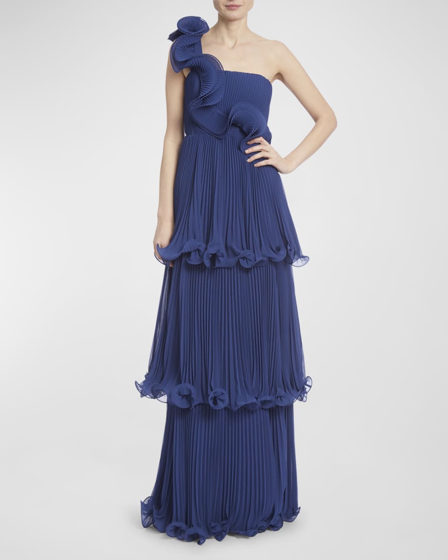 Badgley Mischka Collection Pleated Ruffle Tiered One-Shoulder Gown ...