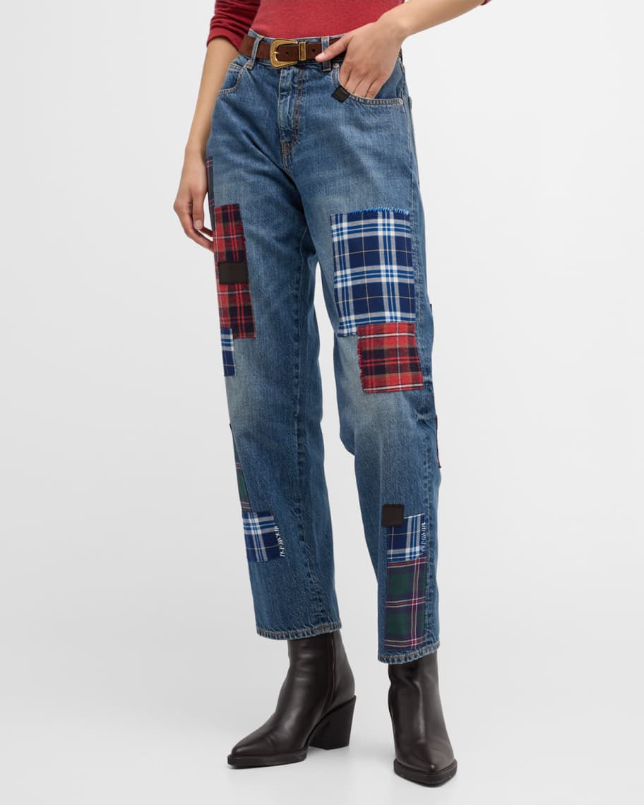 FORTELA Jill Straight-Leg Jeans with Plaid Patches | Neiman Marcus