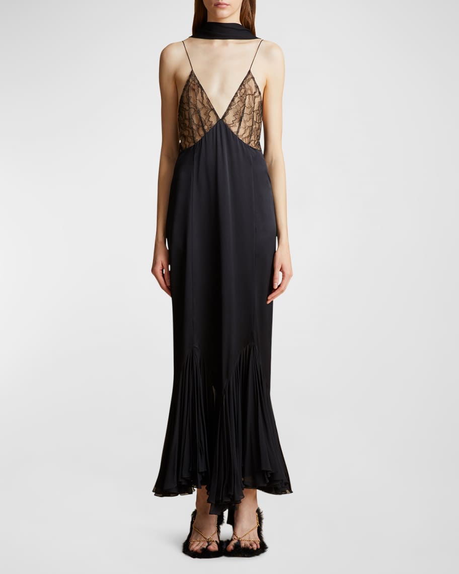 Khaite Candita Lace Pleated Godet Silk Slip Dress | Neiman Marcus
