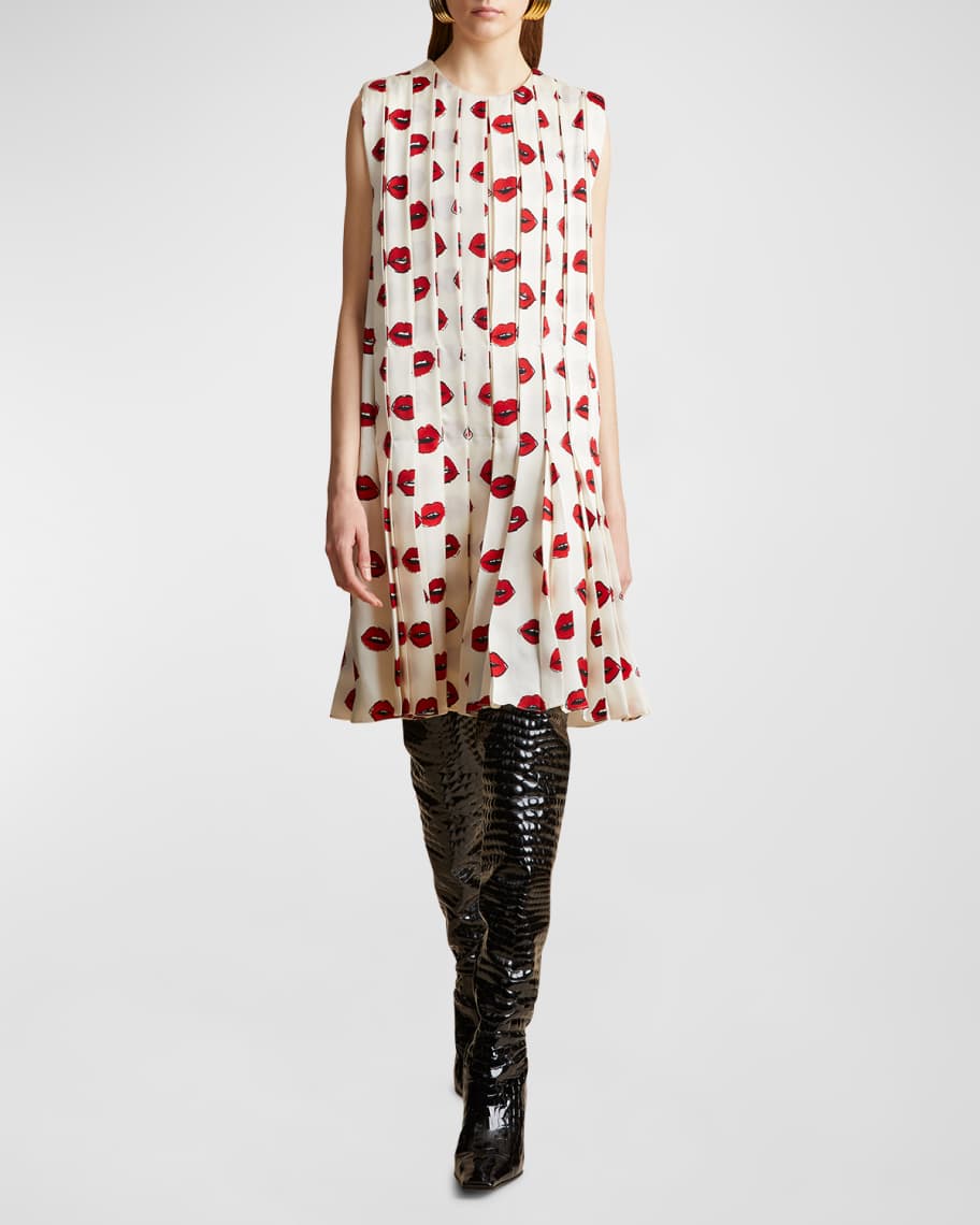 Khaite Blaz Lips-Print Pleated Sleeveless Shift Dress | Neiman Marcus