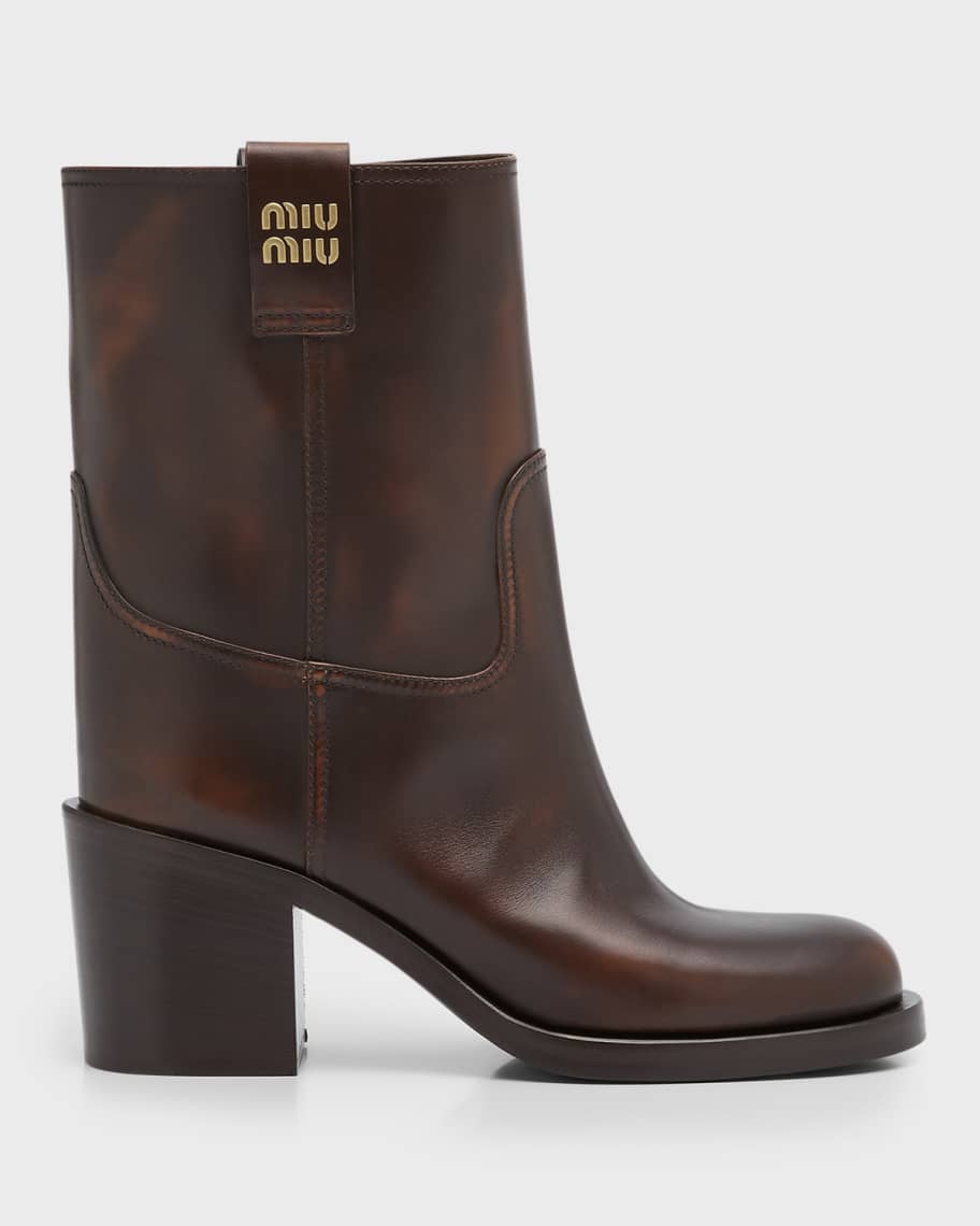 Miu Miu Calfskin Block-Heel Moto Booties | Neiman Marcus