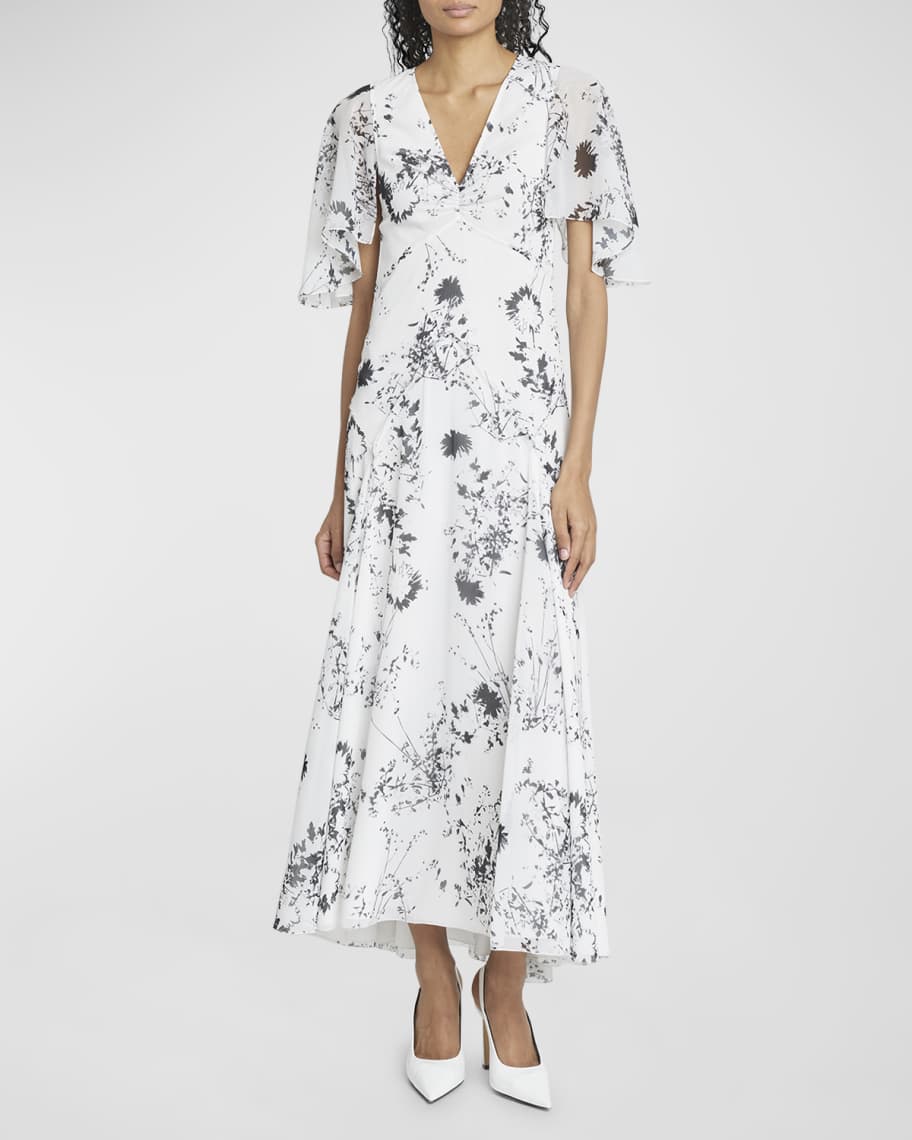 Victoria Beckham Floral-Print Flutter-Sleeve Godet Maxi Dress | Neiman ...