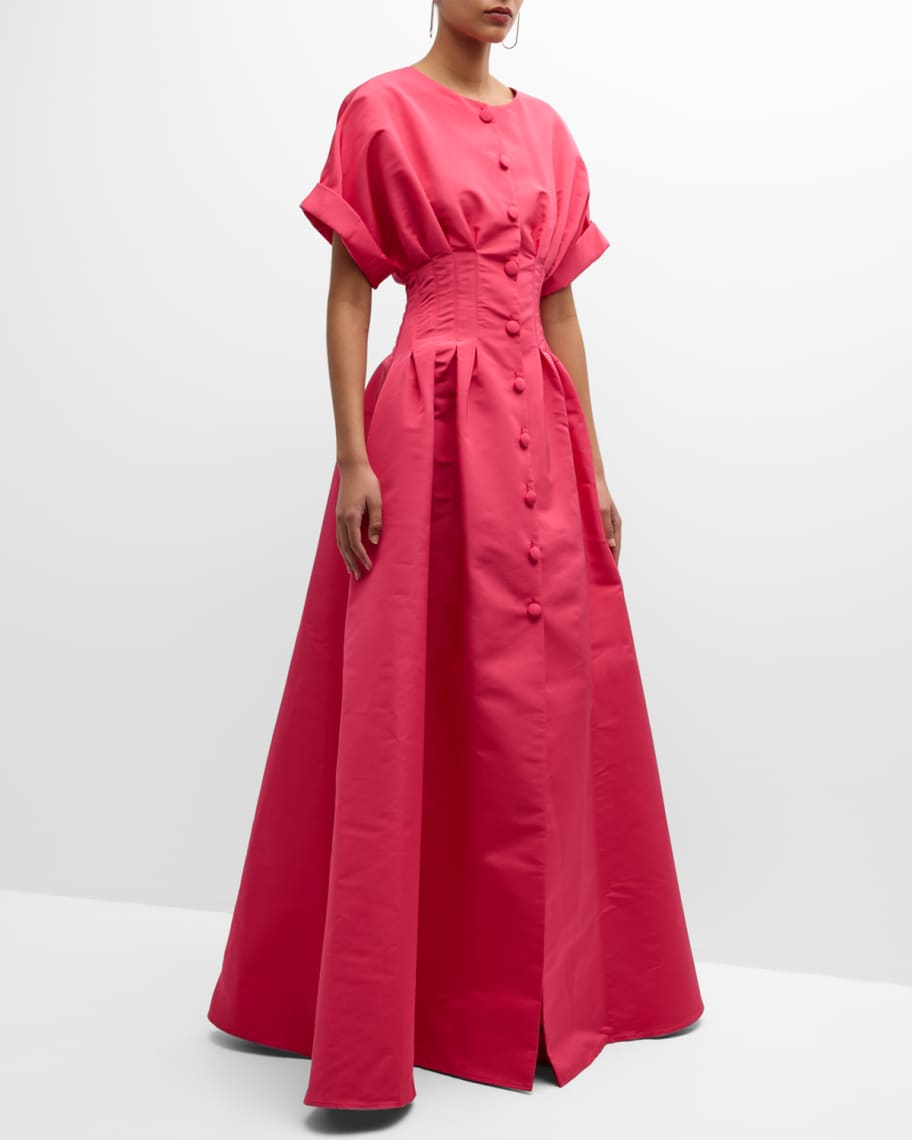 Image 2 of 6: Corset-Waist Short-Sleeve Button-Front Gown