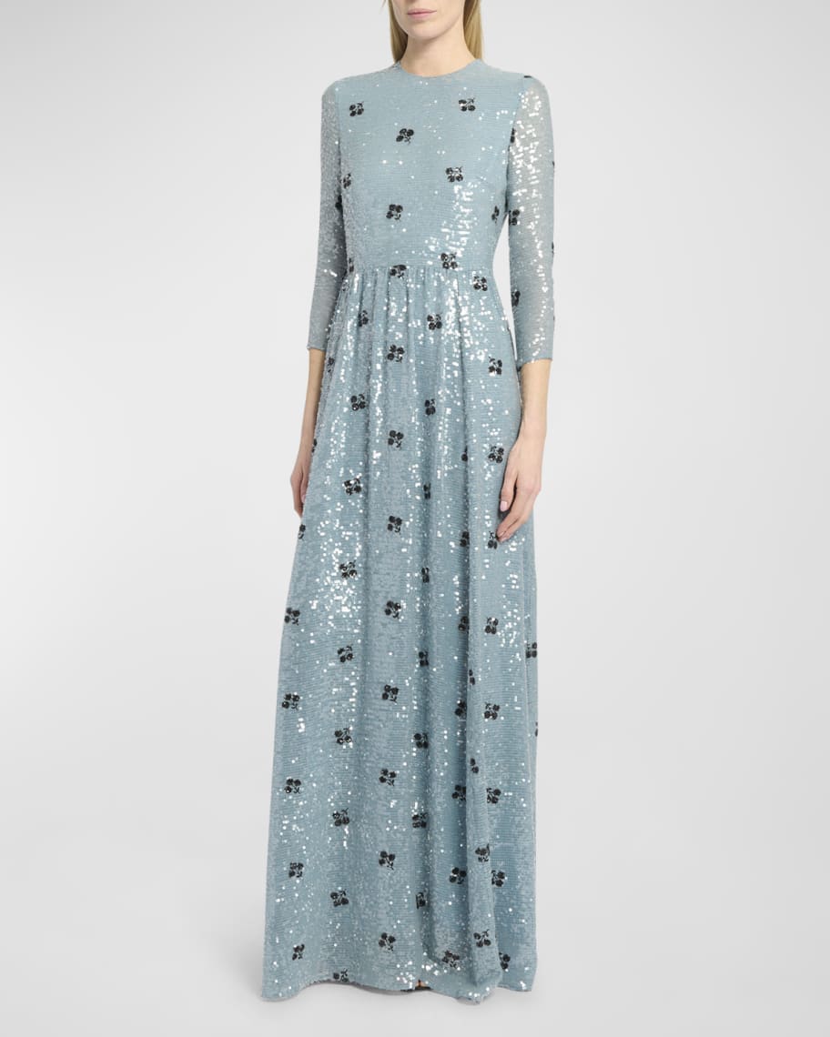 Erdem Floral Sequin 3/4-Sleeve Fit-&-Flare Gown | Neiman Marcus