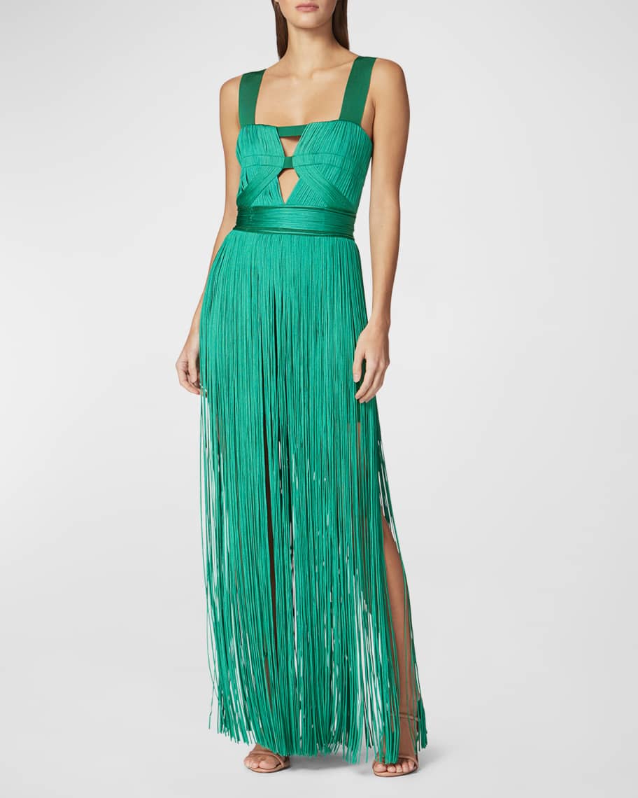 Herve Leger Contour Bust Wide-Strap Fringe Gown | Neiman Marcus