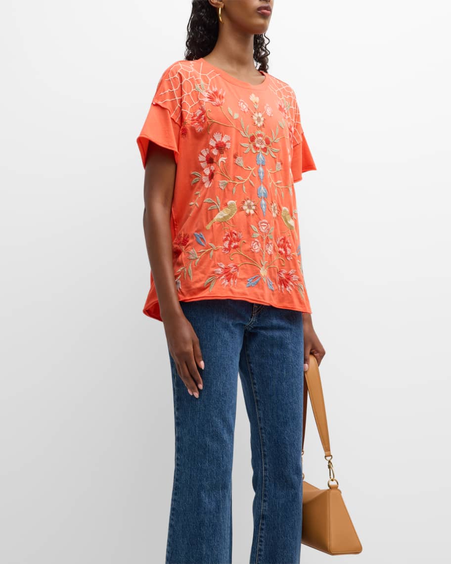 Johnny Was Clara FloralEmbroidered Cotton Swing Tee Neiman Marcus