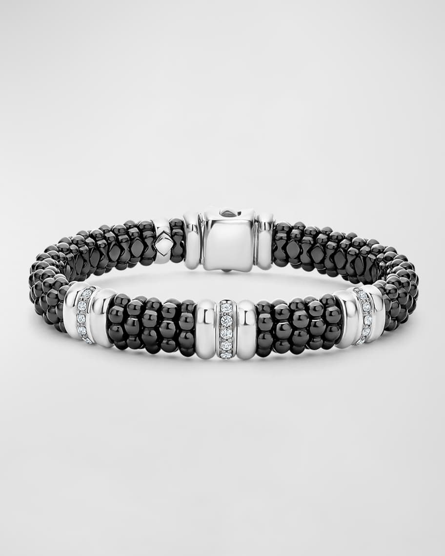 LAGOS Three Station Black Caviar Bracelet with Diamonds 9mm Neiman Marcus
