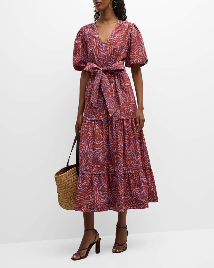 Marie Oliver Natalie Tiered Puff-Sleeve Midi Dress | Neiman Marcus