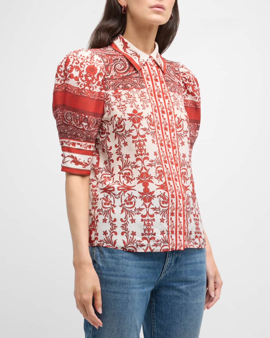 Alice + Olivia Willa Scrunch Puff-Sleeve Placket Top | Neiman Marcus