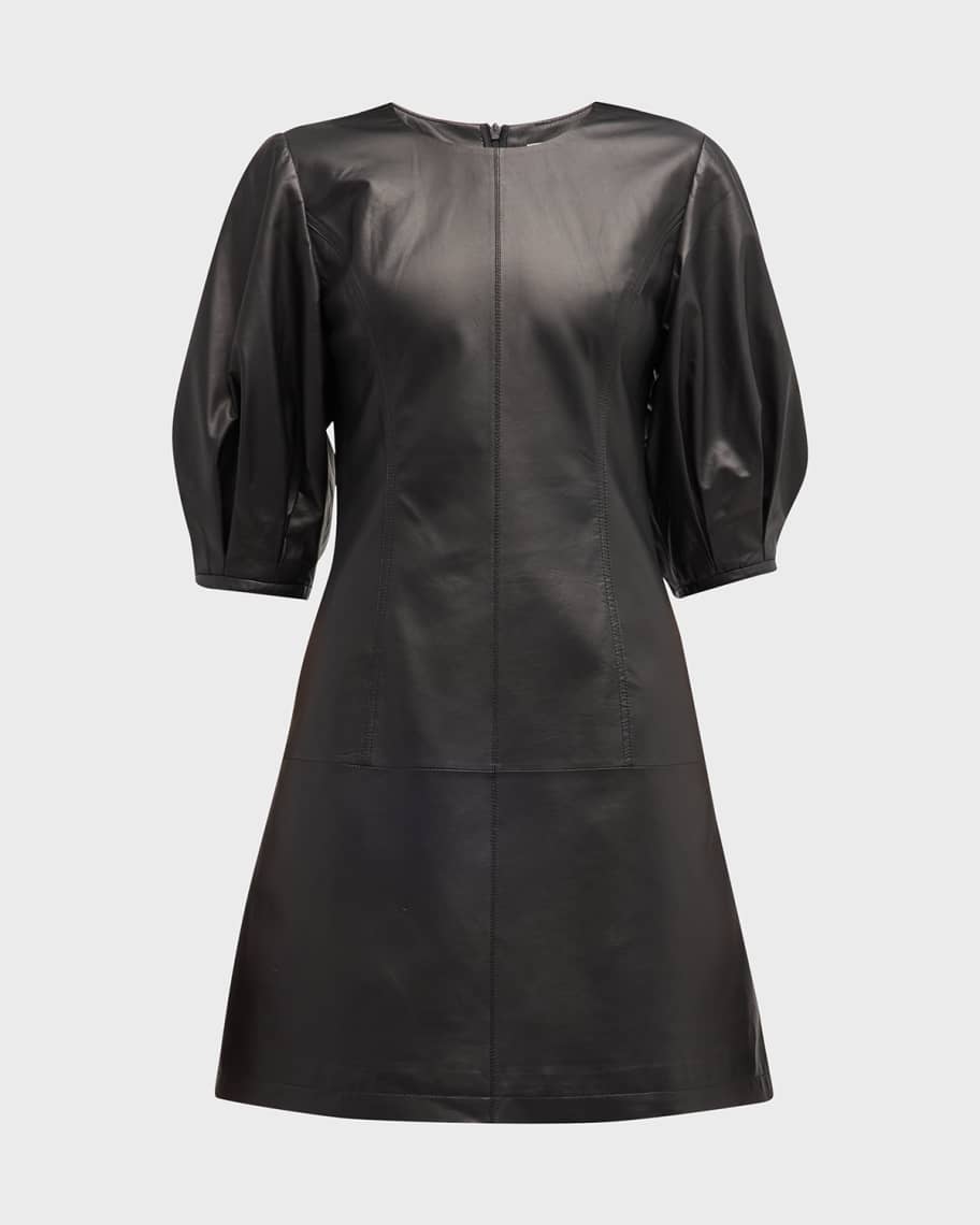 Image 2 of 6: Blouson-Sleeve Leather Mini Dress