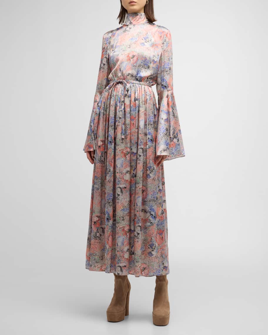 Rosetta Getty Floral-Print Turtleneck Flare-Sleeve Silk Maxi Dress ...