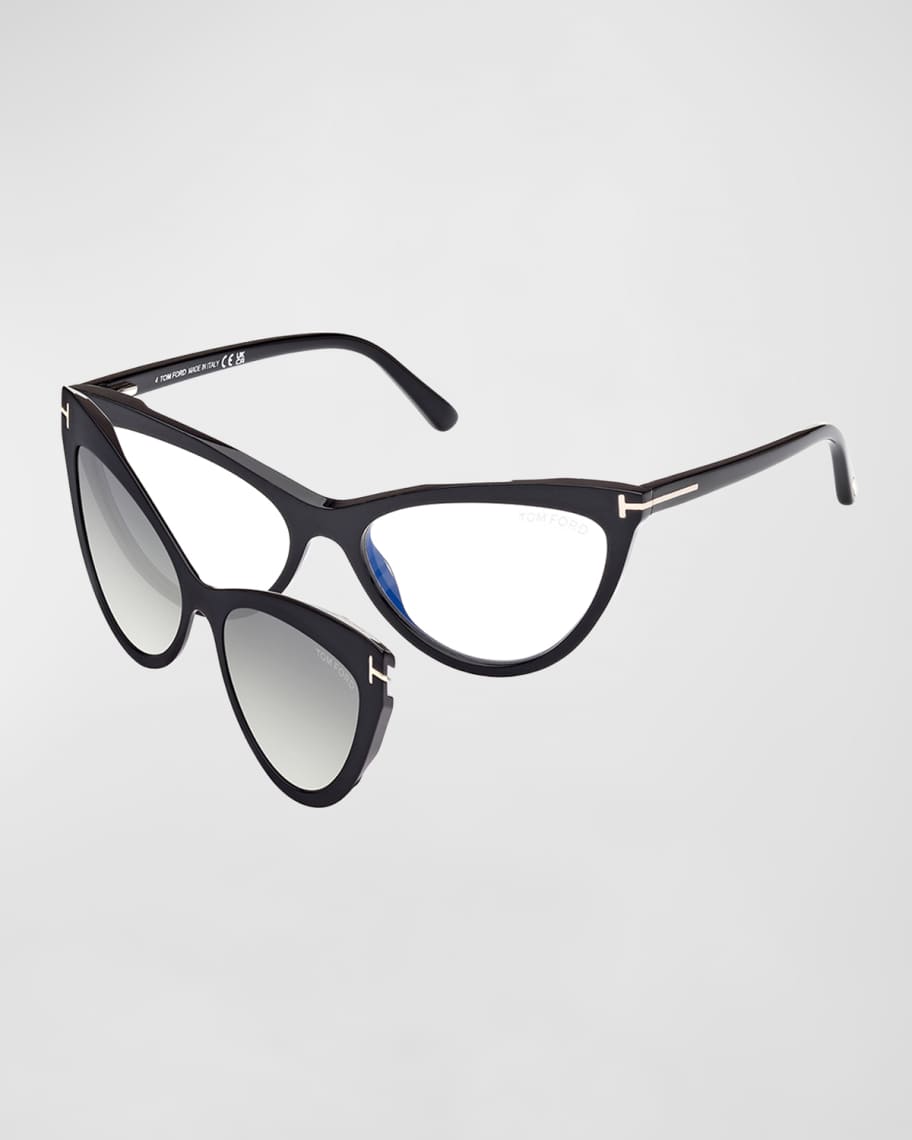 TOM FORD Blue Blocking Acetate Plastic Cat Eye Glasses with Clip On Sun Lenses Neiman Marcus