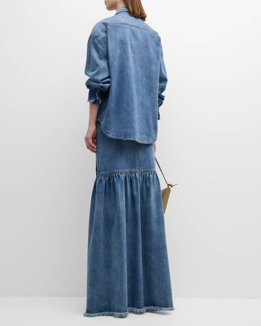 Image 3 of 6: Sekiko Striped Ribbon Fringe Slit-Front Maxi Denim Skirt