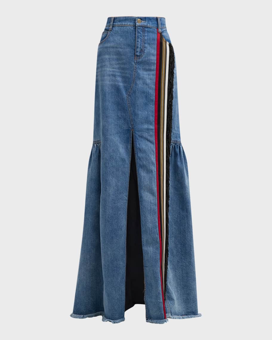 Image 1 of 6: Sekiko Striped Ribbon Fringe Slit-Front Maxi Denim Skirt