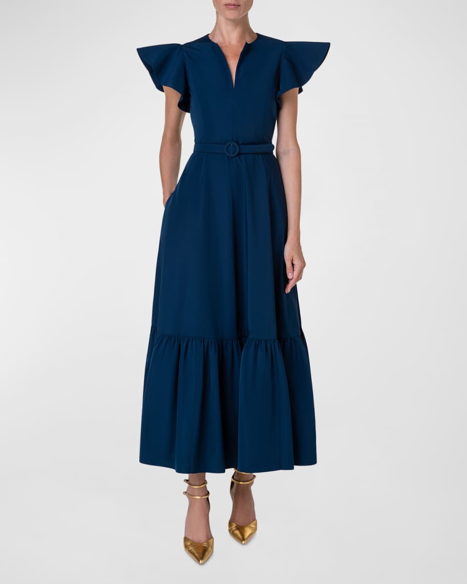 Akris punto Cap-Sleeve Belted Tiered-Hem Taffeta Midi Dress | Neiman Marcus