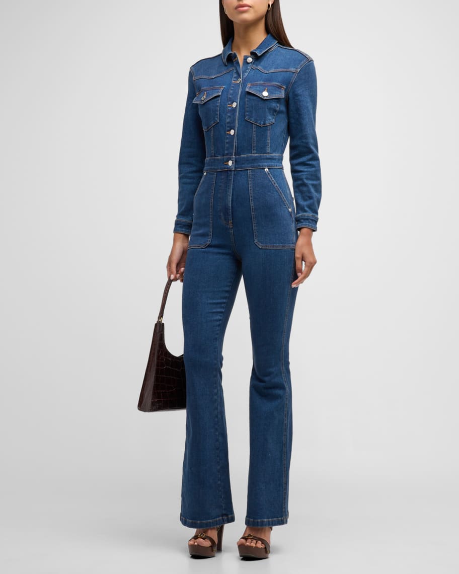 Veronica Beard Follie Flared Denim Button-Front Jumpsuit