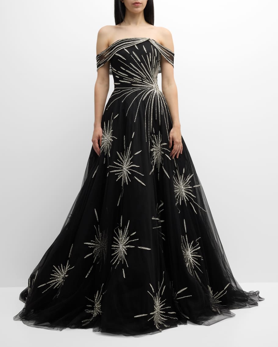 Pamella Roland Starburst Embroidered Tulle Off-The-Shoulder Gown ...