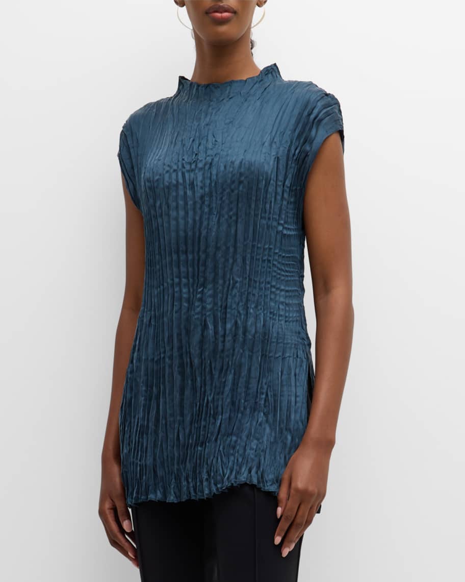 Pleated Cap Sleeve Crinkle Satin Blouse main image 0