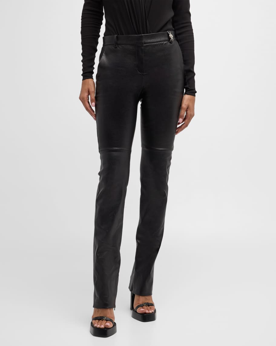 Image 1 of 6: Mid-Rise Stretch Nappa Leather Straight-Leg Pants