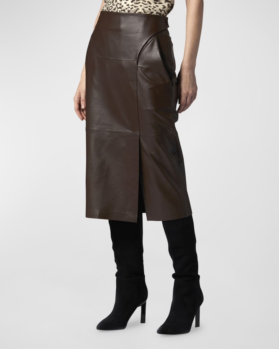 Equipment Ashlyn Straight Side-Slit Leather Midi Skirt | Neiman Marcus