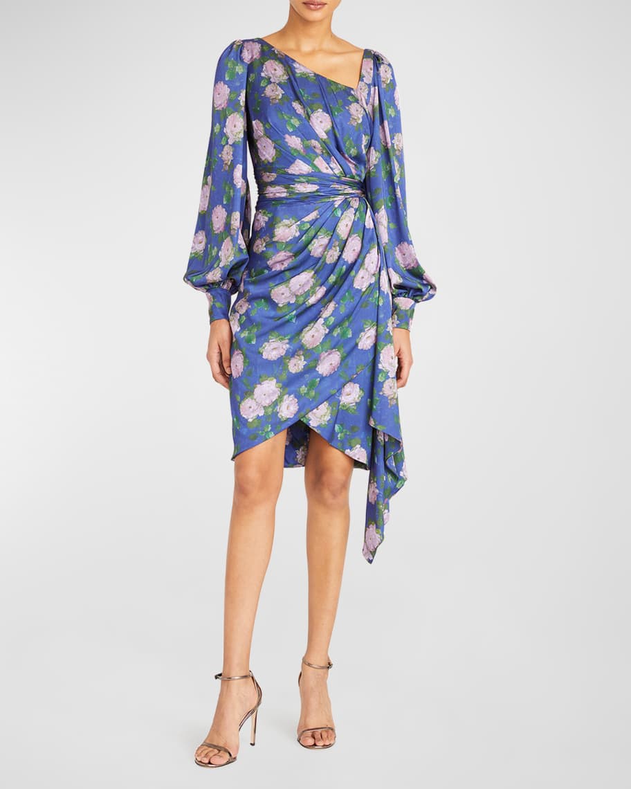 Theia Claudia Bishop-Sleeve Floral-Print Mini Dress | Neiman Marcus