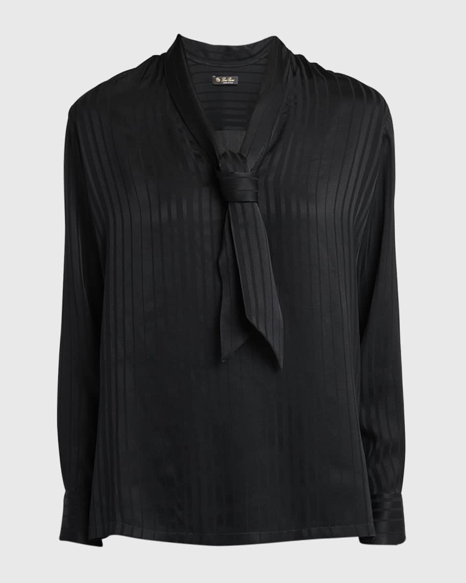 Image 1 of 6: Kya Ocean Striped Silk Tie-Neck Blouse