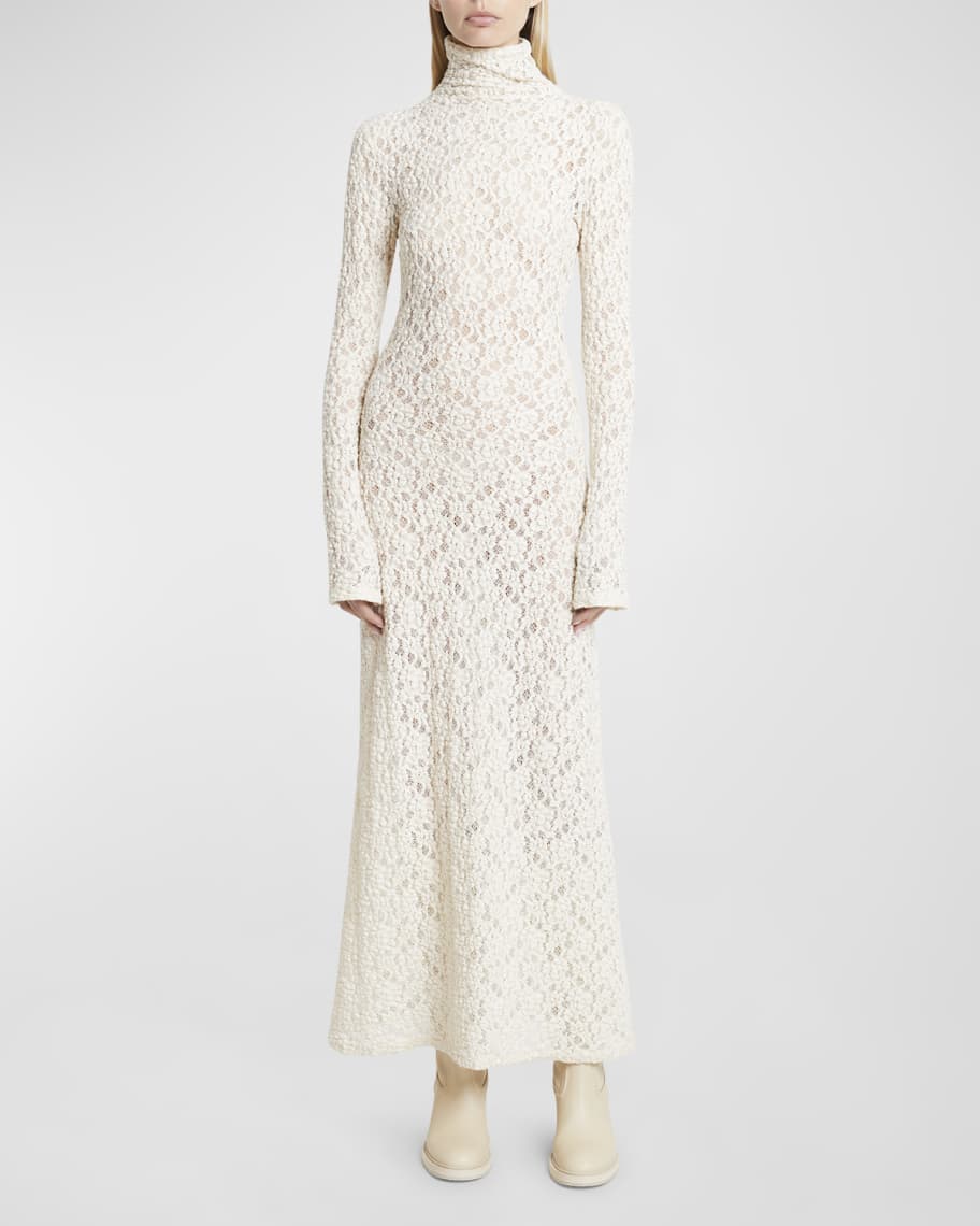 Chloe Turtleneck Long-Sleeve Smocked Lace Gown | Neiman Marcus