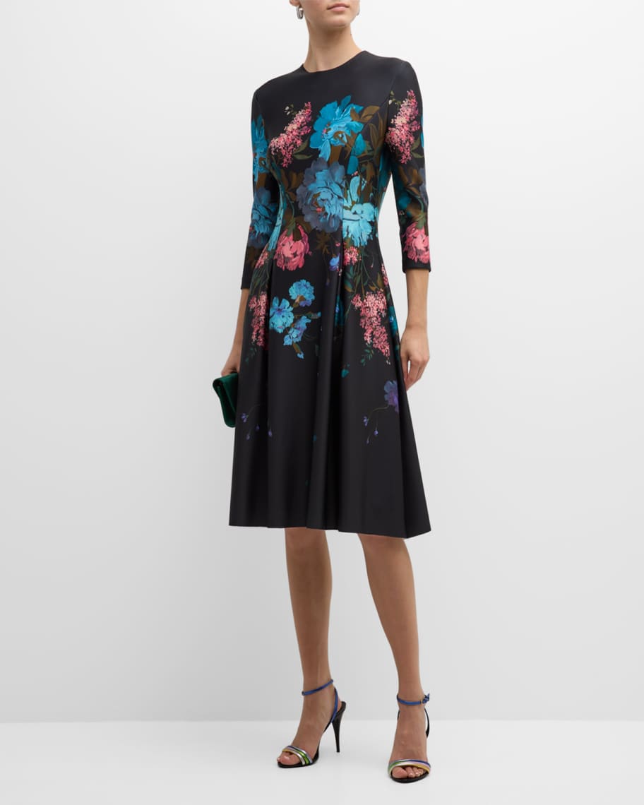 Rickie Freeman for Teri Jon Pleated Floral-Print Scuba Dress | Neiman ...