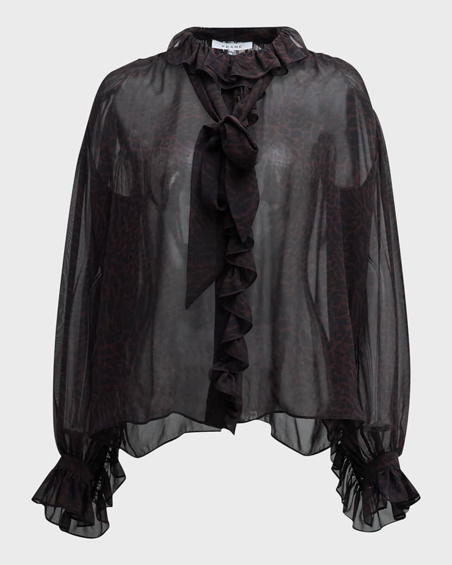 Image 1 of 6: Animal Print Silk Ruffle-Front Blouse
