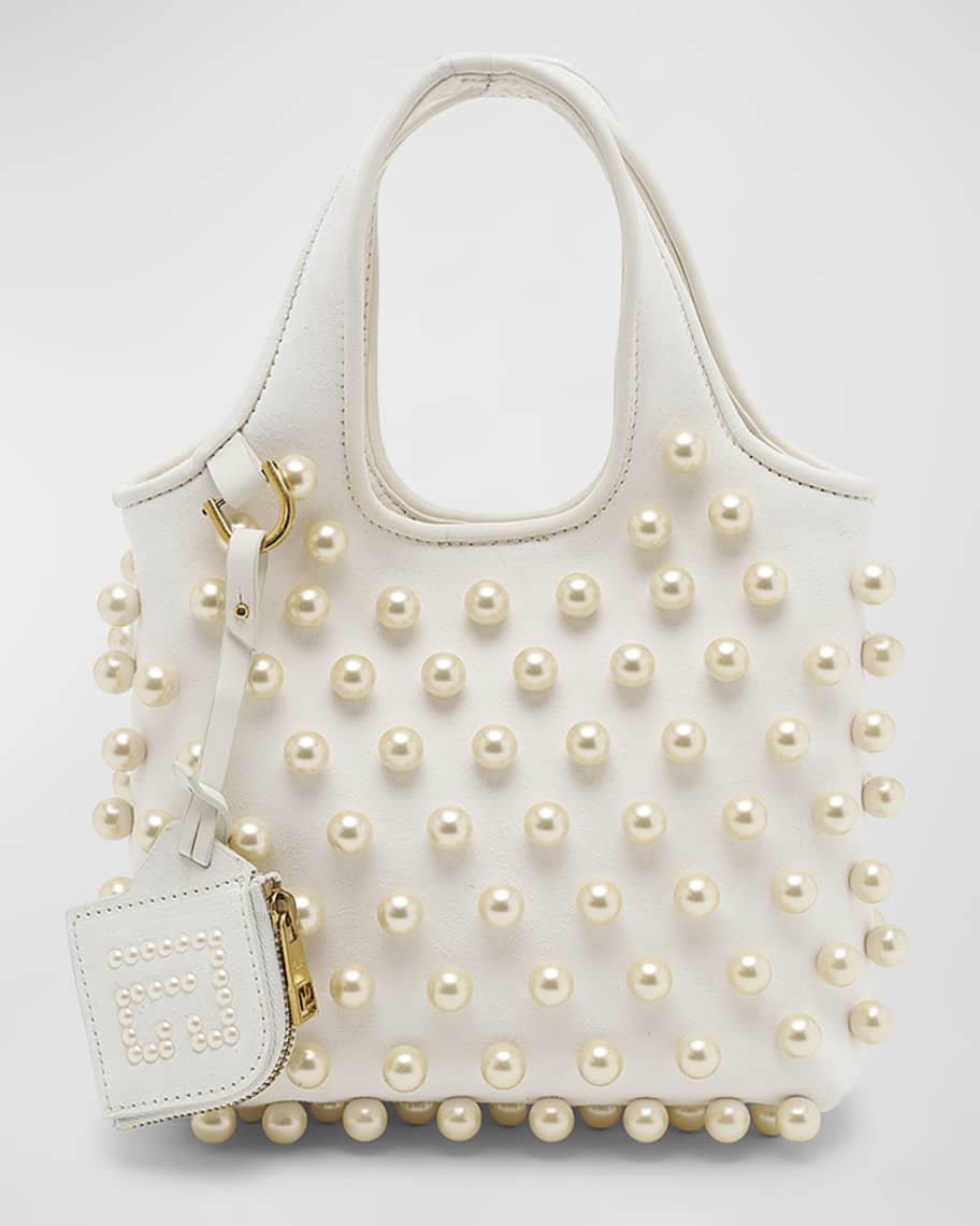Image 1 of 6: Grocery Small Tote Bag in Leather with Pearl-Embellishment