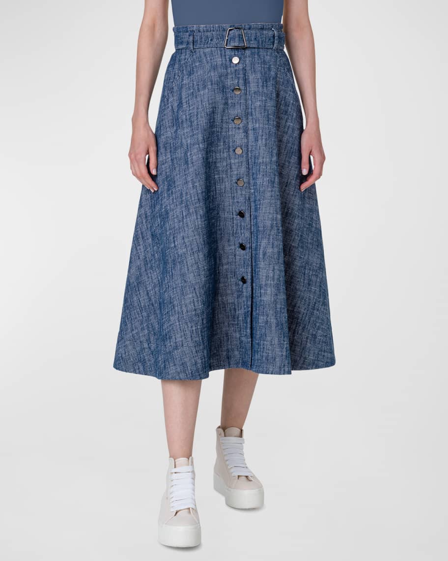 Image 1 of 4: Belted Button-Front A-Line Midi Skirt