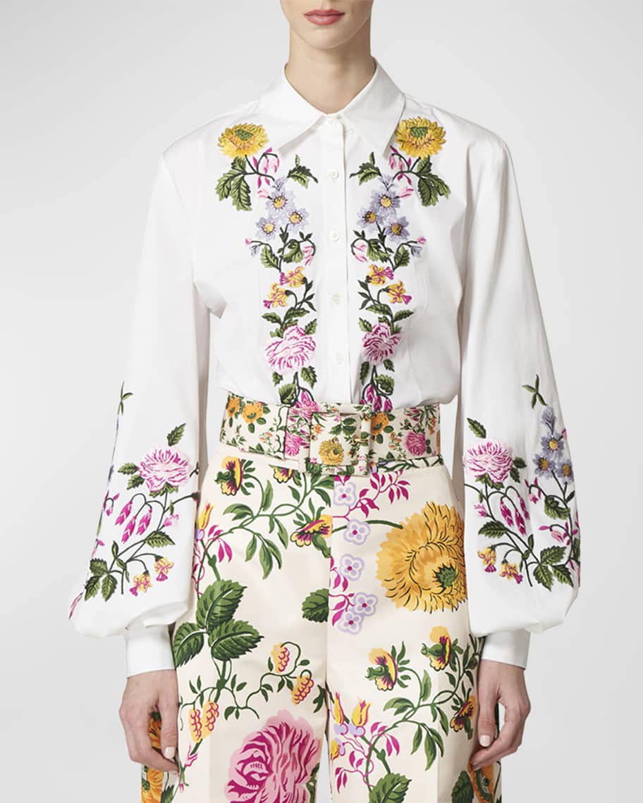 Carolina Herrera Floral Embroidered Puff-Sleeve Collared Top | Neiman ...
