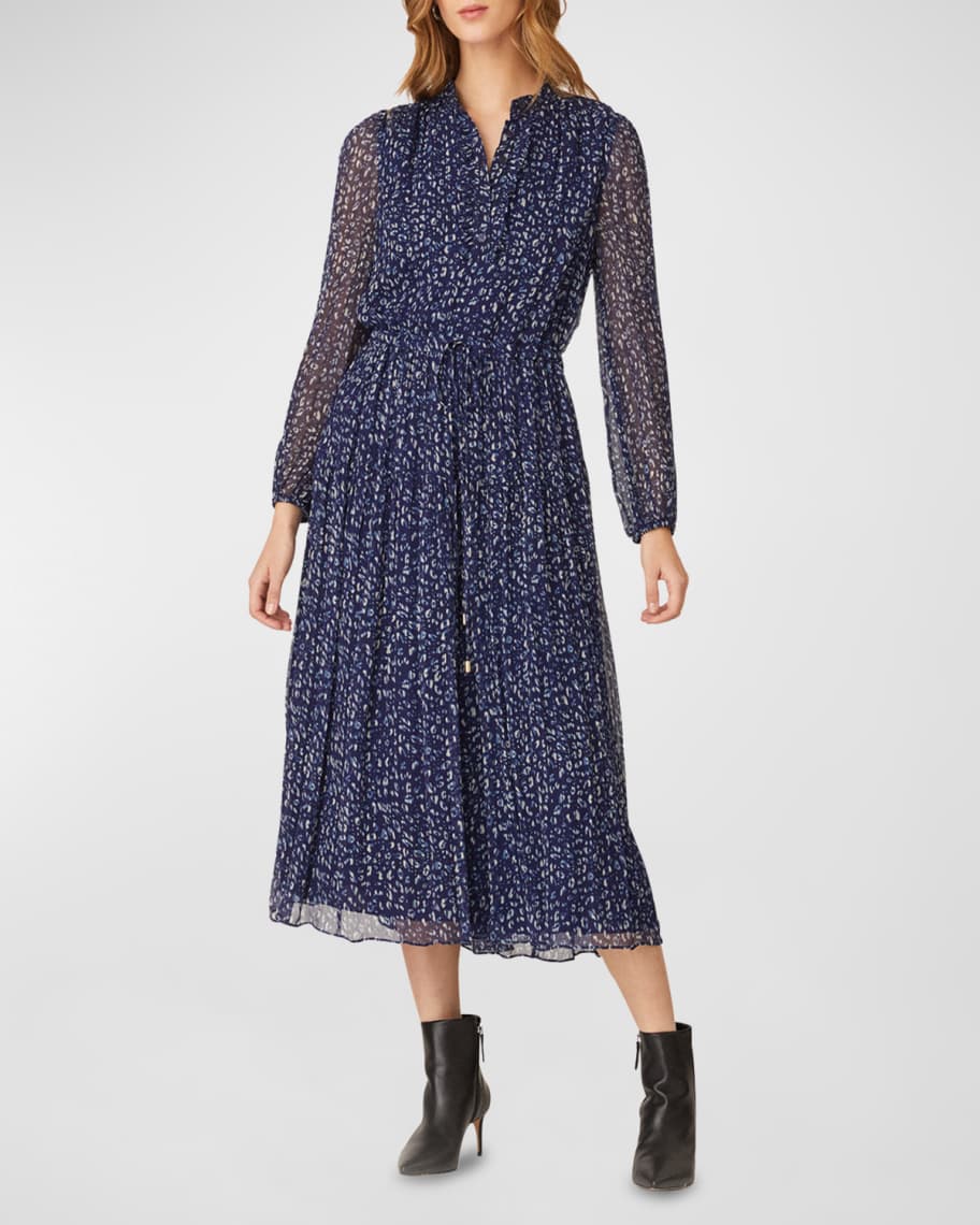 Shoshanna Ama Crinkled Leopard-Print Midi Dress | Neiman Marcus
