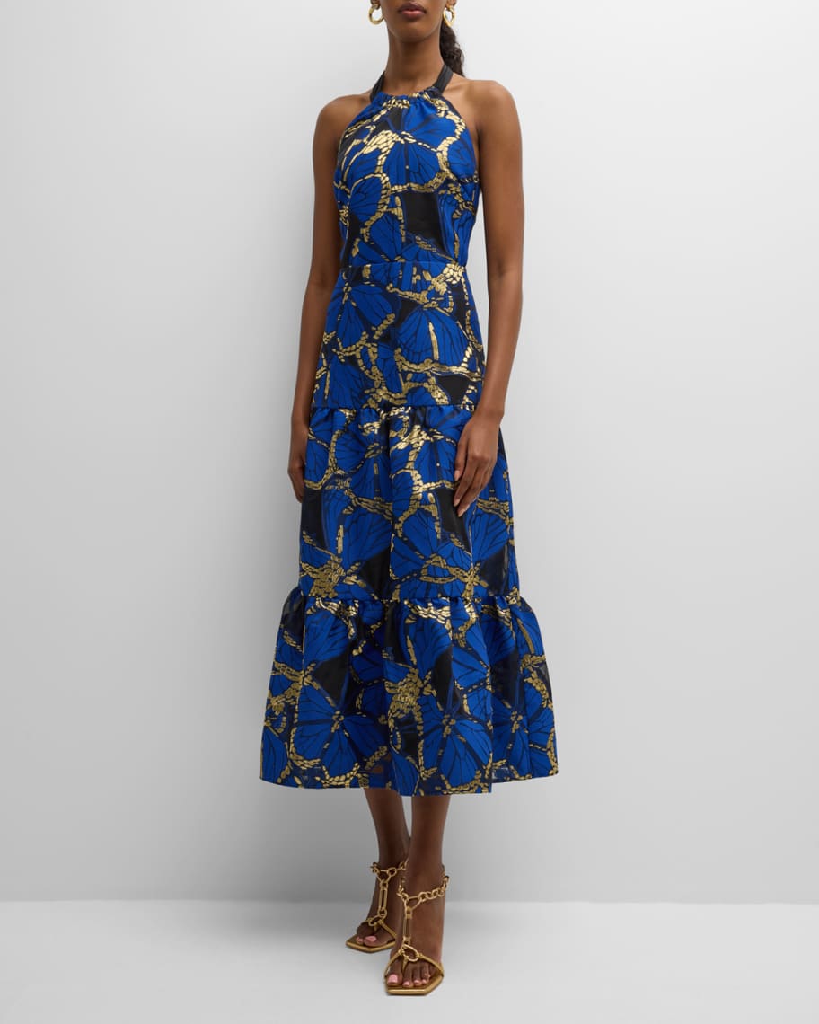 Milly Hayden Tiered Butterfly Jacquard Halter Dress | Neiman Marcus