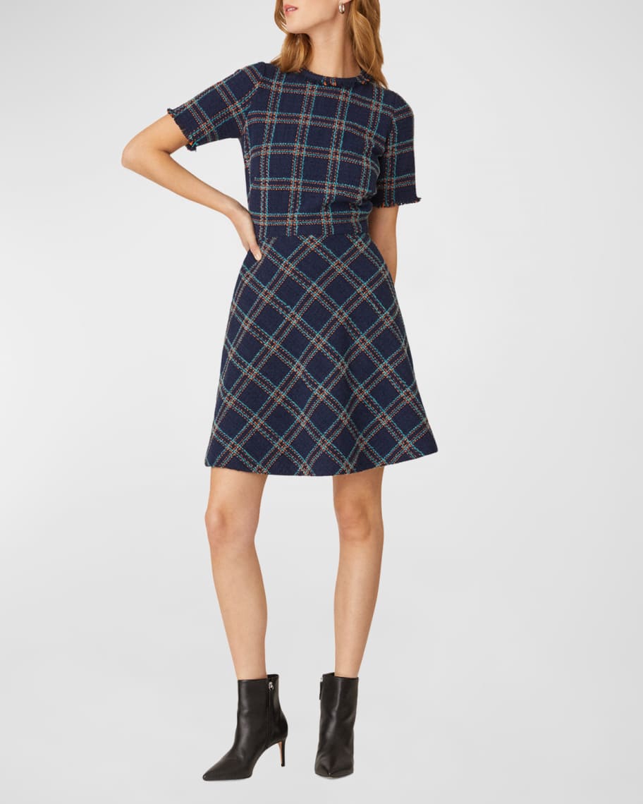 Shoshanna Lana Plaid-Print A-Line Tweed Mini Dress | Neiman Marcus