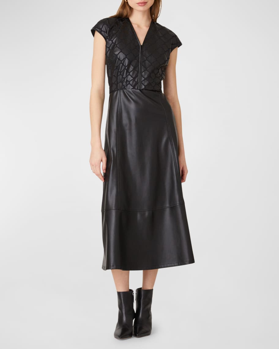 Shoshanna Belted Cap-Sleeve Faux Leather Midi Dress | Neiman Marcus