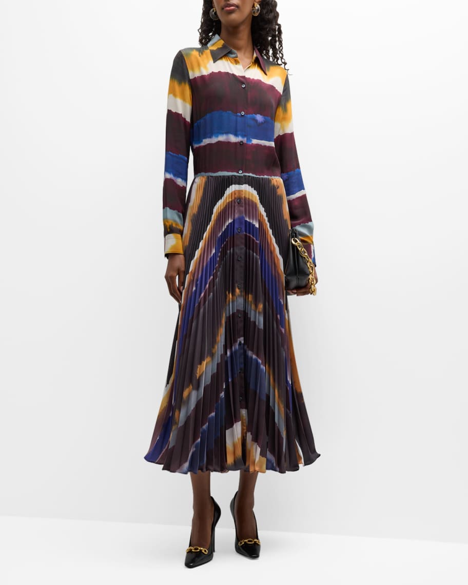 Sara Roka Tosca Pleated Watercolor-Print Midi Shirtdress | Neiman Marcus