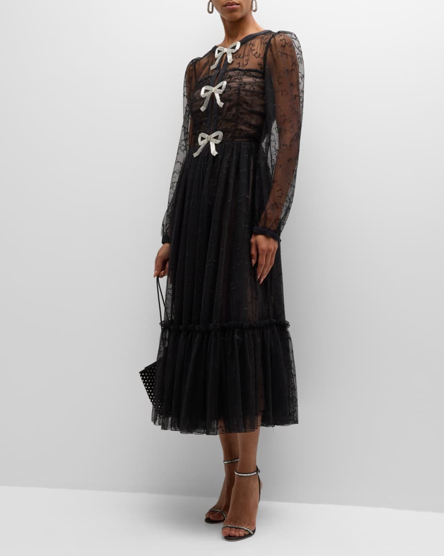 Saloni Camille Bow-Embellished Tulle Midi Dress | Neiman Marcus