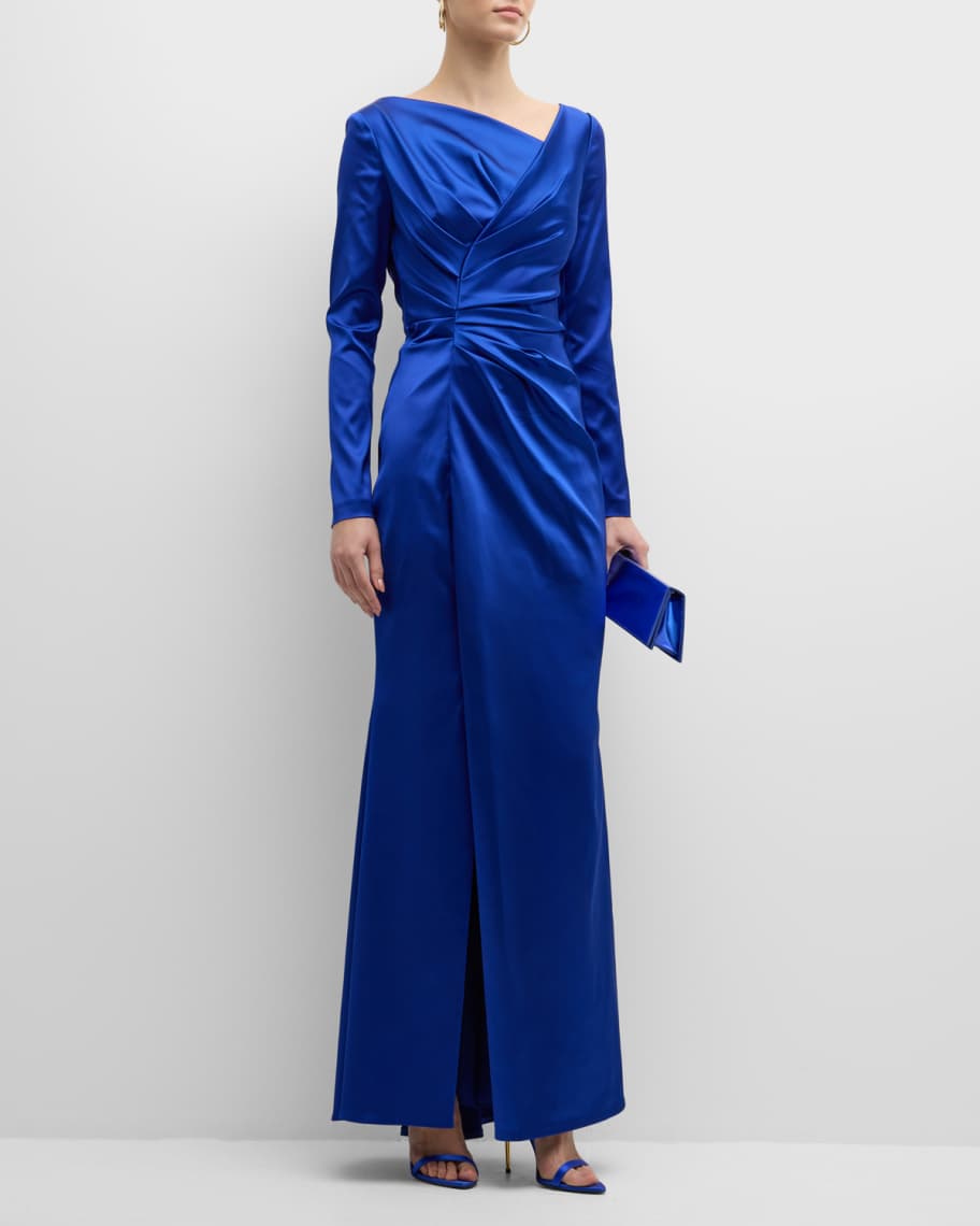 Talbot Runhof Asymmetric Draped Long-Sleeve Stretch Satin Duchesse Gown ...