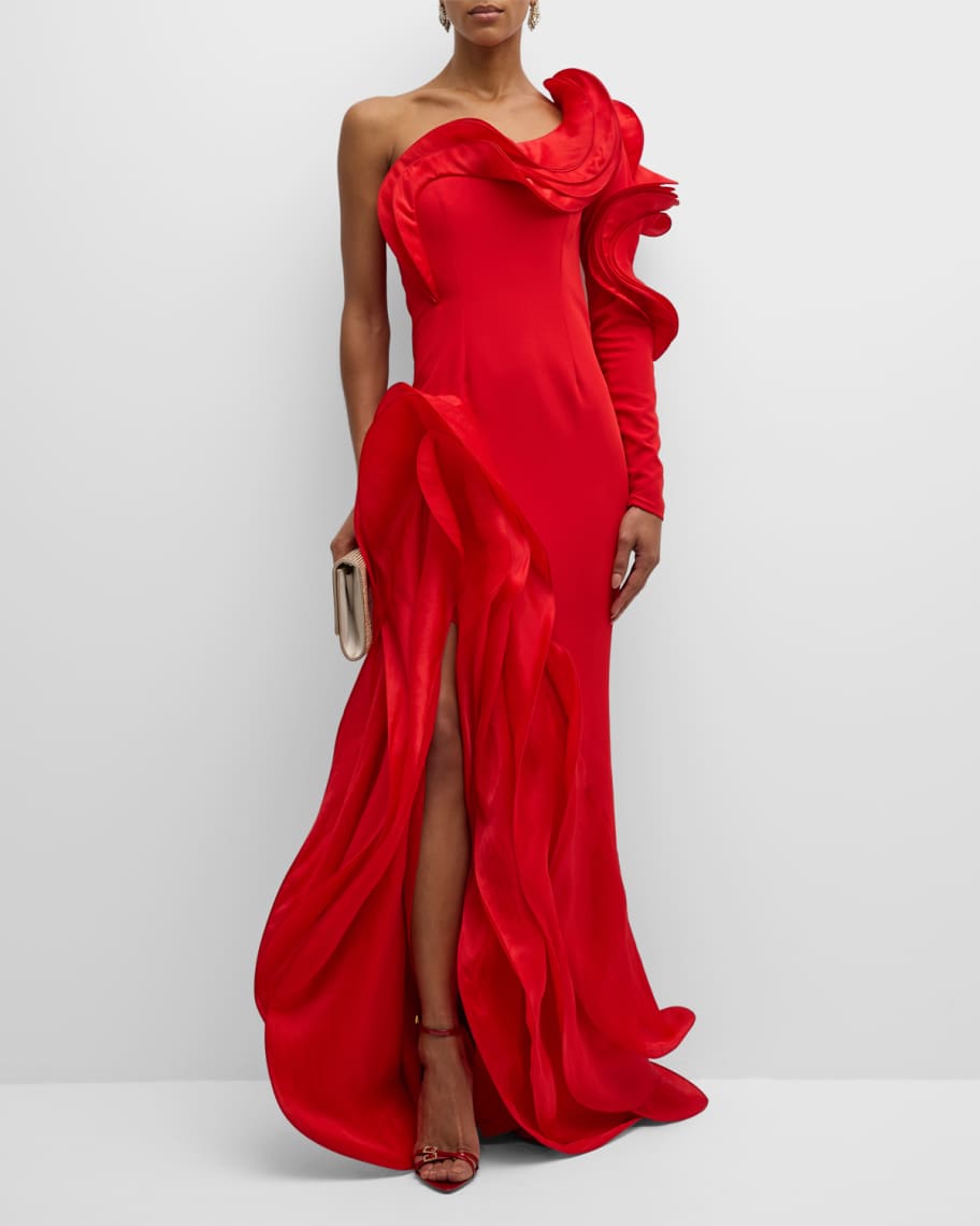 Gaurav Gupta Ruffle One Shoulder Side Slit Evening Gown Neiman