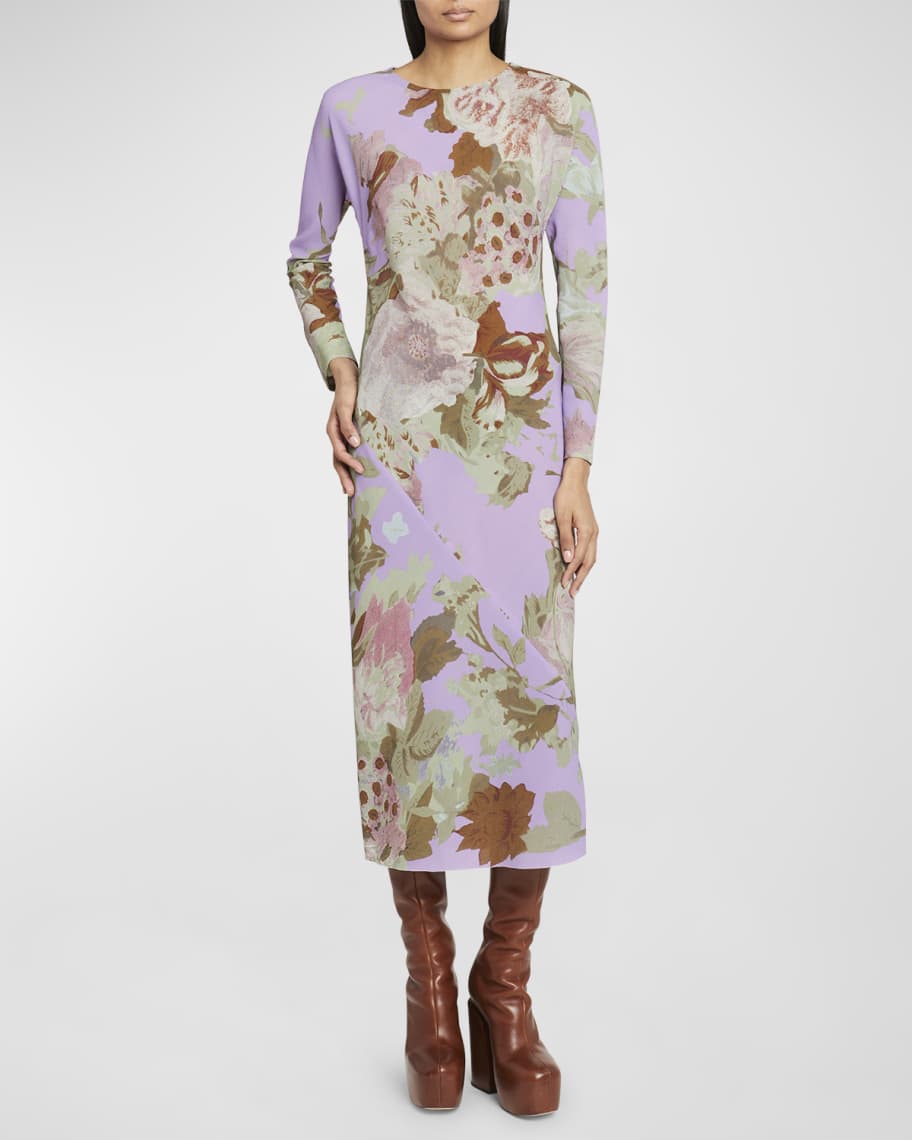 Dries Van Noten Davion Floral-Print Long-Sleeve Spiral Midi Dress 