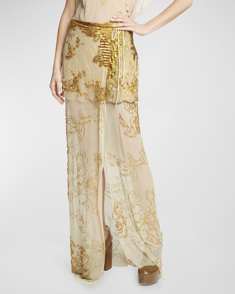 Dries Van Noten Silene Beaded Lace-Overlay Maxi Wrap Skirt