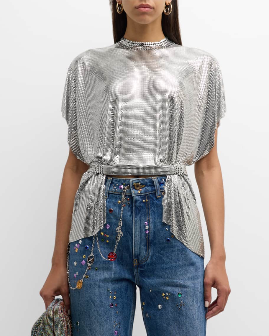 Rabanne Short-Sleeve Belted High-Low Chainmail Top | Neiman Marcus