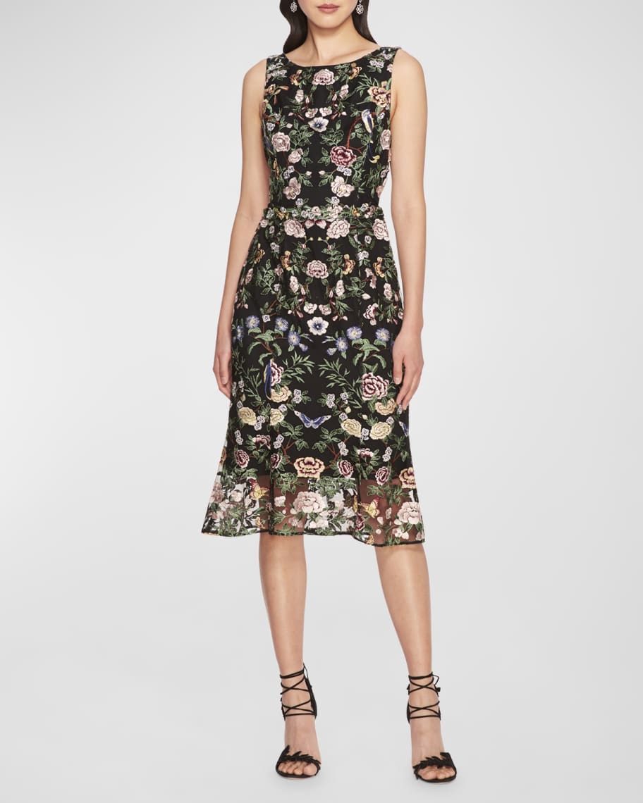 Marchesa Notte Sleeveless Floral-Embroidered Tulle Midi Dress | Neiman ...